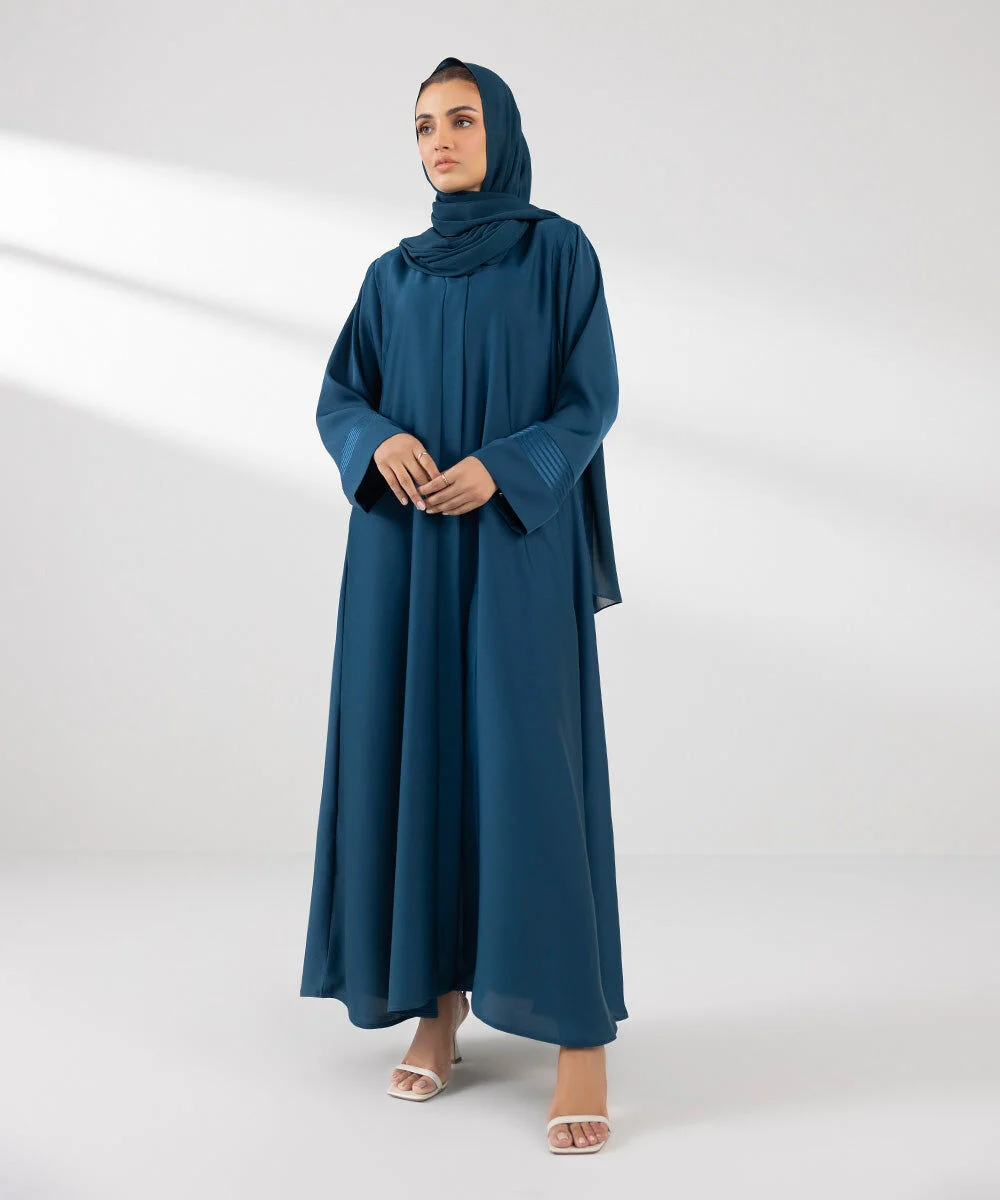 Full-Length Embroidered Button-Through Abaya – Elegant Modest Wear with Intricate Detailing, V-Neckline, and Flowing Silhouette - Graceful Look