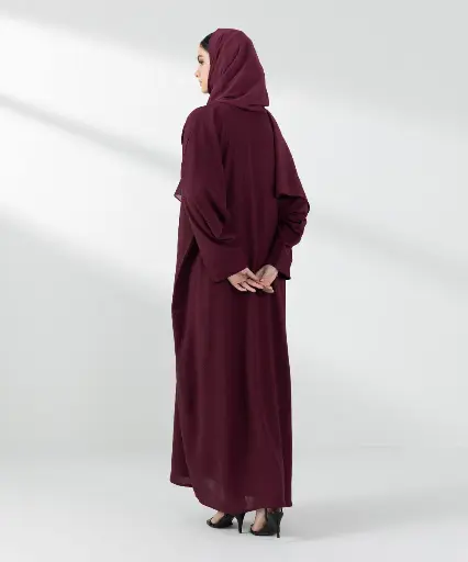 Elegant Fashion Button-Through Abaya Set – Maroon Kimono Sleeve Design with Tapered Cuffs, Modest Burkha / Burqa / Burka